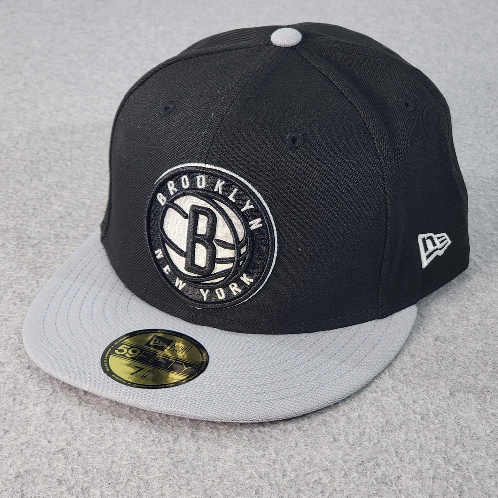 Brooklyn Nets NBA 2-Tone Fitted Hat Mens 7 5/8 Black Gray Cap New Era 59Fifty